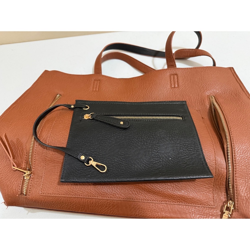 Mistique Cognac Brown Pebbled Vegan Leather Large Tote Bag with Pouch